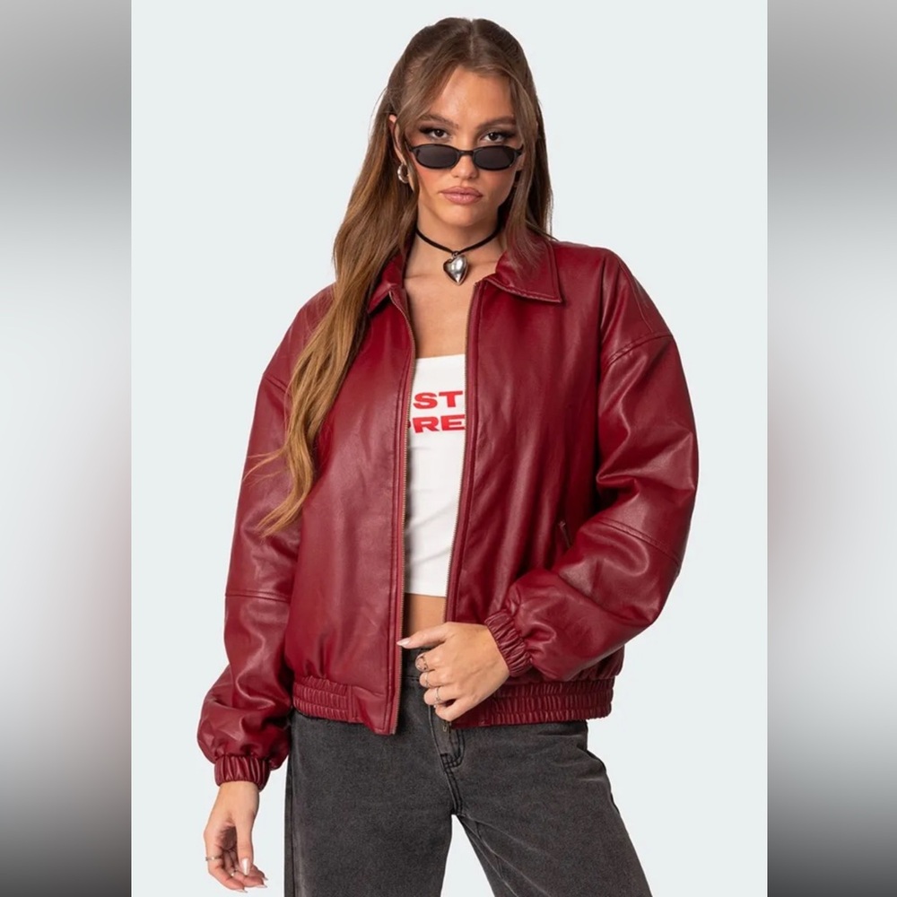 EDIKTED Halley Faux Leather Bomber Jacket Burgundy/Red